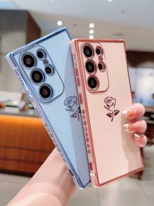 Coque de téléphone anti-chute en TPU avec bord électrolytique fleur rose rose esthétique, compatible avec , iPhone, Pixel et autres téléphones mobiles