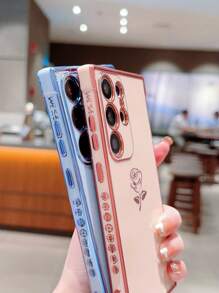 Coque de téléphone anti-chute en TPU avec bord électrolytique fleur rose rose esthétique, compatible avec , iPhone, Pixel et autres téléphones mobiles