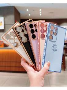 Coque de téléphone anti-chute en TPU avec bord électrolytique fleur rose rose esthétique, compatible avec , iPhone, Pixel et autres téléphones mobiles