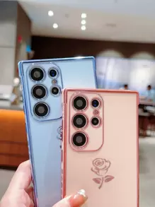 Coque de téléphone anti-chute en TPU avec bord électrolytique fleur rose rose esthétique, compatible avec , iPhone, Pixel et autres téléphones mobiles