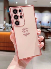 Coque de téléphone anti-chute en TPU avec bord électrolytique fleur rose rose esthétique, compatible avec , iPhone, Pixel et autres téléphones mobiles