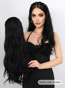 24英寸長卷曲假髮可拆卸頭帶女用合成材料蓋髮假髮天然直髮天然假髮半假髮 - 黑色 - 查看 3