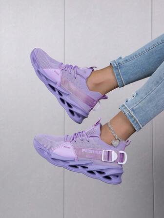 Zapatillas De Running Para Mujeres Con Estampado De Letras De Absorción De Choque, Diseño Ligero, Antideslizante Y De Encaje Frontal, Adecuado Para El Gimnasio Y Deportes Diarios En Color Morado En Forma De Cuchilla