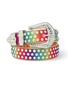 1pc Women's Fashionable Rainbow Color Rhinestone Studded Skull Shaped Metallic Belt - Multicolor - View 1
