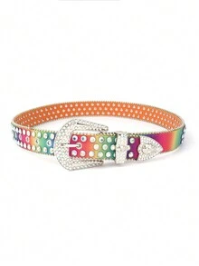 1pc Women's Fashionable Rainbow Color Rhinestone Studded Skull Shaped Metallic Belt - Multicolor - View 3