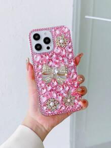 Valentines Bow Phone Case Fashionable Pink Bow Shape & Rhinestone Decor Phone Case Compatible With Iphone Waterproof Shockproof Anti-Fall Scratch Resistant,International Version, Not The Domestic Version - Pink - View 3
