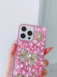 Valentines Bow Phone Case Fashionable Pink Bow Shape & Rhinestone Decor Phone Case Compatible With Iphone Waterproof Shockproof Anti-Fall Scratch Resistant,International Version, Not The Domestic Version - Pink - View 4