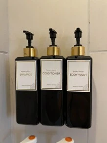 3个方形黑色洗发水、护发素、沐浴露分配瓶，带防水标签，家居浴室装饰，秋季，返校季装饰 - 黑色 - 查看 7