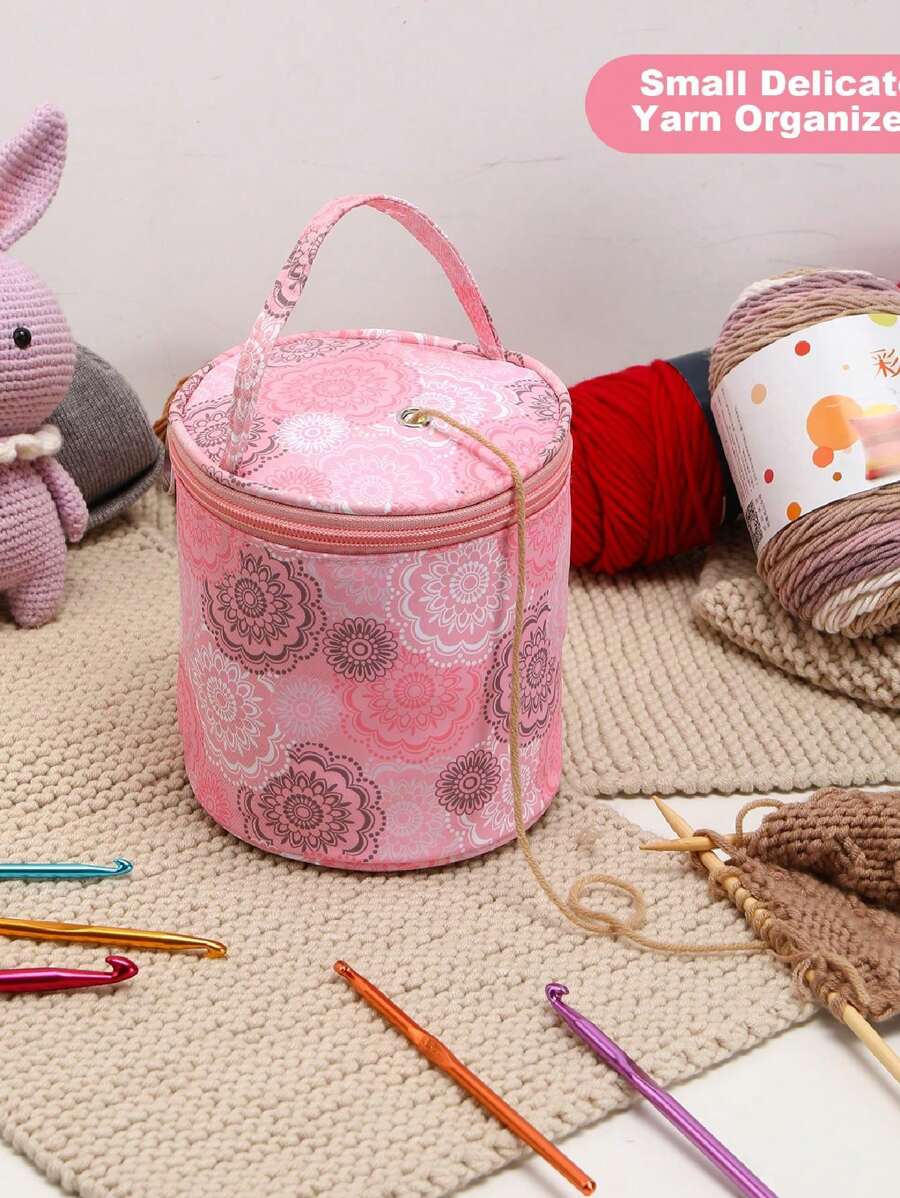 1 件可愛圖案短毛筒包時尚復古聚酯紗收納袋拉鍊可手提小巧輕便外出攜帶方便喜歡編織的女性、老年大學生等。