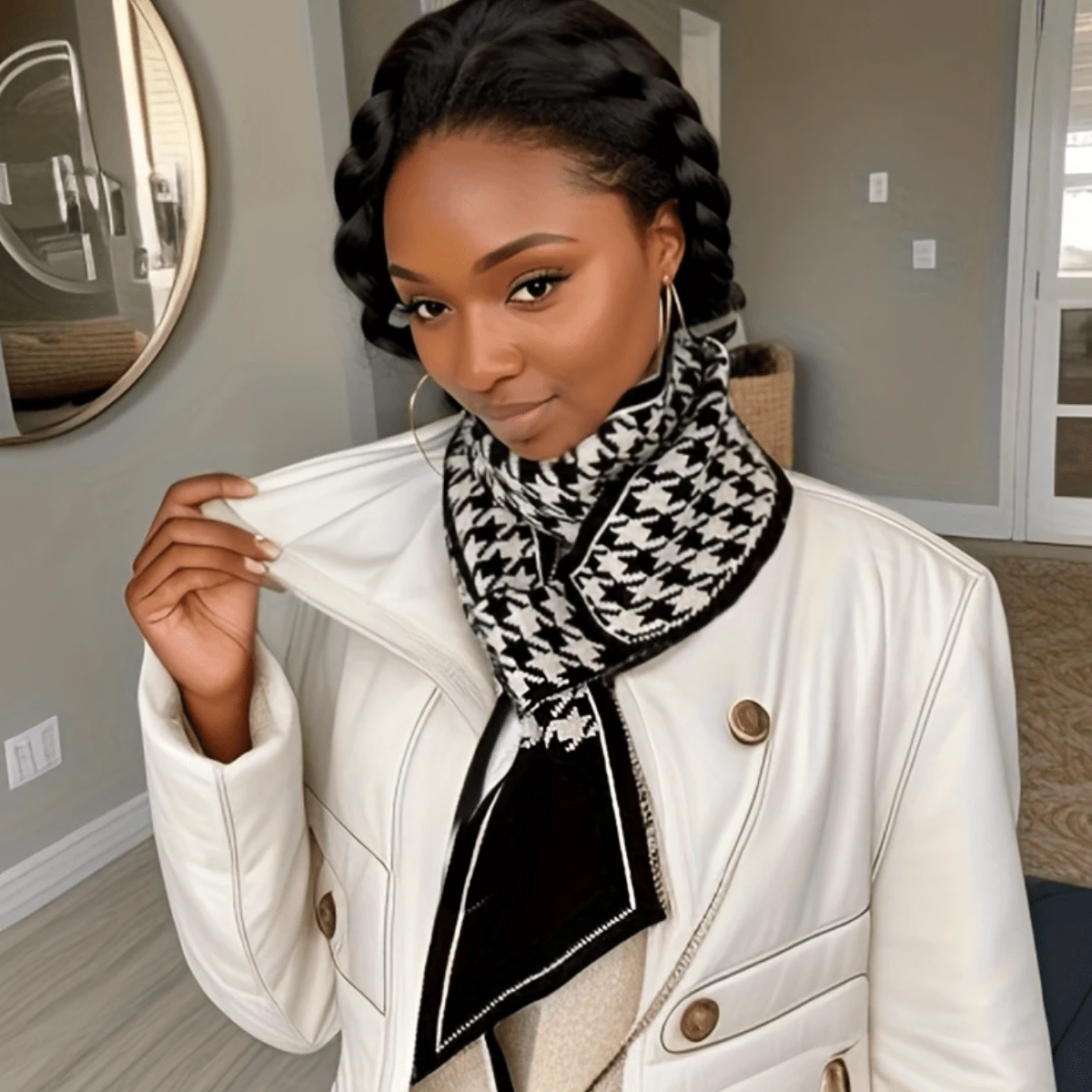 1條女式黑白色動物印花針織保暖裝飾時尚圍巾,適合日常穿著