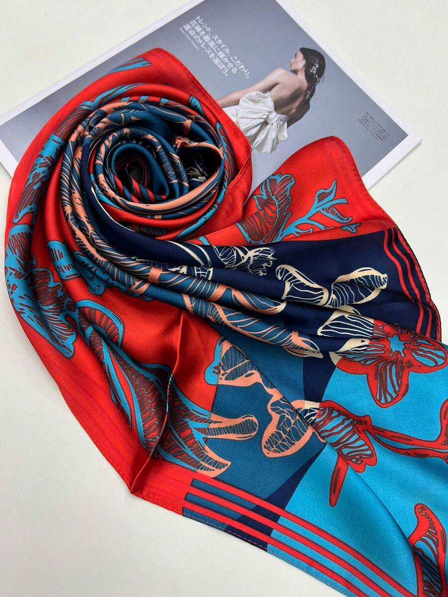 1入簡約70年代絲巾，新春夏明亮的頭帶、腰帶、包裝飾，時尚印花大絲巾圍巾適用於女性 - 藍色 - 查看 1
