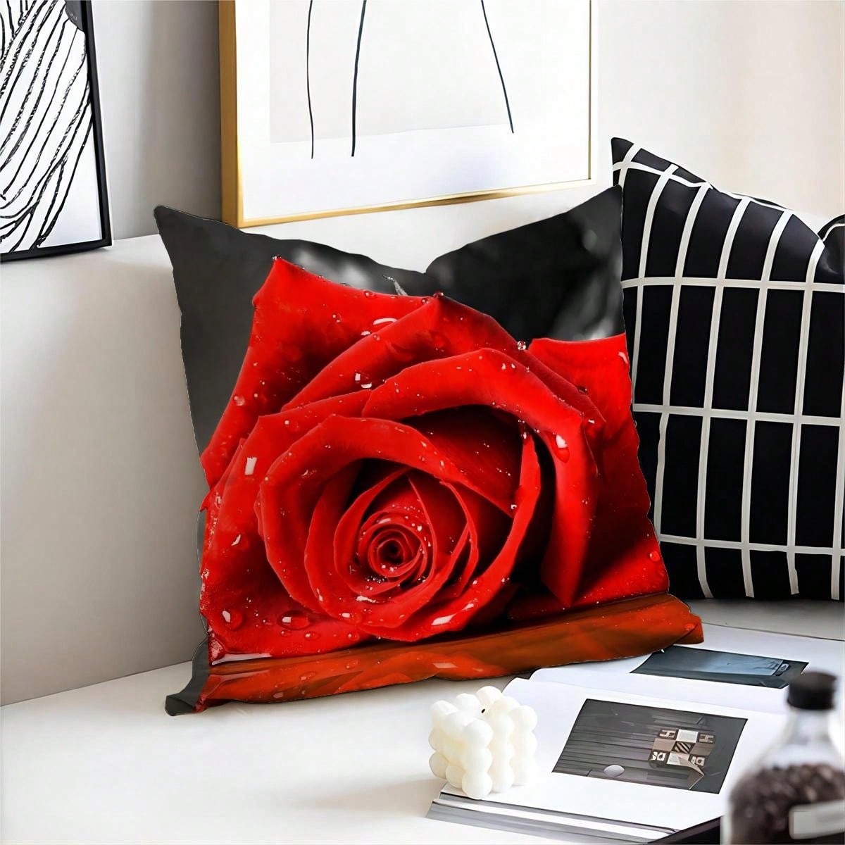 1pc Vintage Red Rose Printed Cushion Cover, Retro Style Super Soft