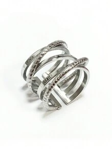 時尚的不銹鋼多層包覆鋼絲十字設計戒指,適合女性的派對和日常穿著 - 銀色 - 查看 2