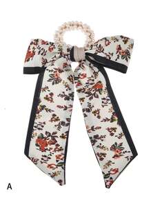 1只復古珍珠圍巾髮帶，適用於女性女孩，韓國風格蝴蝶結和長帶，波西米亞髮飾