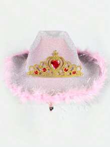 1pc Men's And Women's Shiny Pink Feather & Rhinestone Decor Western Cowboy Hat With Pull Cord, Vintage British Jazz Hat, Theme Party Halloween Carnival Hat, Wide Brim Woolen Hat, Fashionable Couple Hat, Felt Hat, Sun Hat, Autumn And Winter - Pink - View 2