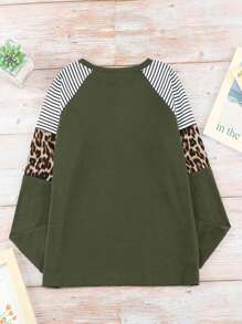 Tween Girls' Loose Fit Casual Leopard Print Colorblock Long Sleeve Round Neck T-shirt - Green - View 3