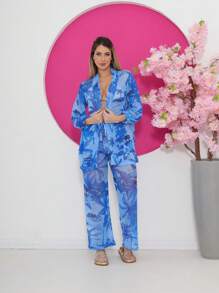 海灘女式蕾絲長袍套裝,網紗印花上衣和長褲 - 藍色 - 查看 1