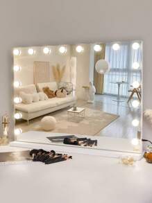 FENCHILIN Large Holly Wood Vanity Mirror With Lights Make-Up Mirror With 18 Dimmable Light Bulbs, 3-Color Light Settings, USB Port, Large Smart Bedroom Make-Up Mirror For Tabletop Wall Mount White 80cm X 58cm - White - View 3