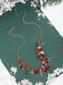 新聖誕和新年鈴鐺項鍊,節日主題設計編織緞帶鍊條,附鋁合金聖誕帽和禮盒鈴鐺吊墜,長鏈風格,另附1個新聖誕手鍊