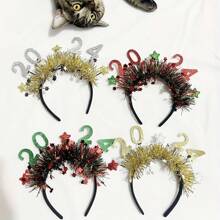 1 Pc 2024 Happy New Year Headband Tiara 2024 Glitter Star Sequins Hairband 2024 Holiday Hair Hoops Accessories For Christmas 2024 New Year Eve Party Supplies - Yellow - View 3