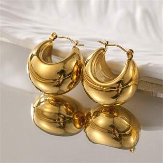 Metallic Glossy Half Circle Hollow Out Earrings, Subtle Luxury Minimalist Style Daily Wear Accessories