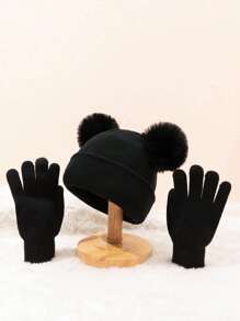 2 件套兒童針織冬帽和手套套裝,帶有織物標籤,適合日常生活,送給朋友和家人的禮物 - 黑色 - 查看 1