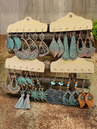 HANQI 12pairs Retro Bohemian Bronze Earrings Set, Geometric Asymmetric Sunflower & Tassel Design, Decorated With Wooden Leaves, Suitable For Women For Work, Ceremonies, Themes, Travel, Photography And Daily Wear Valentines,Mom,Mother,Mother's Day,Gift