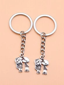2pcs Couple Keychains Boy & Girl Pendant Keychains - Antique Silver - View 2