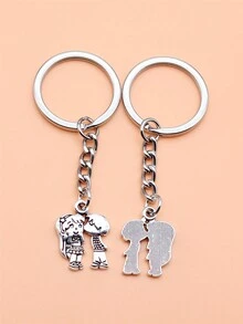 2pcs Couple Keychains Boy & Girl Pendant Keychains - Antique Silver - View 3