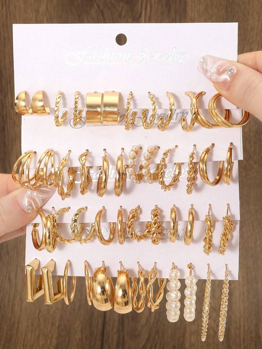 48件套仿珍珠装饰耳环，48件套多元素金属耳环套装，优雅珠宝礼品，女士生日礼物 - 金色 - 查看 1