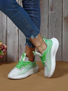 春秋新款绿条纹轻便增高运动鞋，户外厚底减震跑步鞋圆头系带 - 綠色 - 查看 3