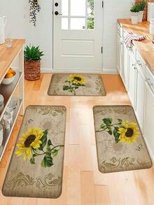 1入組數字印花廚房地墊/家用地毯,太陽花和蝴蝶圖案,字母背景,現代時尚的防滑聚酯廚房區域地墊,適用於廚房,浴室,床邊 - 彩色 - 查看 3