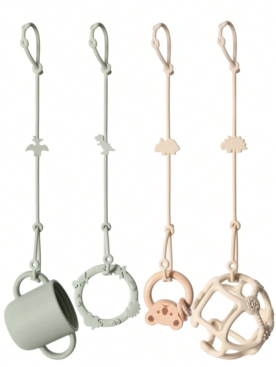 4个装硅胶磨牙奶嘴夹，卡通恐龙图案防丢可调节奶嘴夹，婴儿推车适用