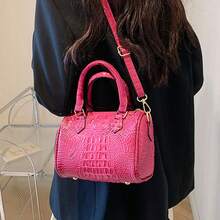 小型鱷魚紋波士頓包,豪華女式斜跨包,經典手提包,肩背包 - 玫紅色 - 查看 4