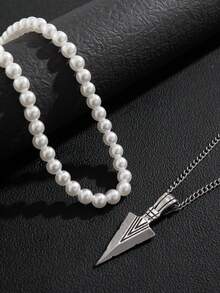 2 件套時尚創意幾何箭頭吊墜珍珠項鍊套裝男士日常休閒裝 - 彩色 - 查看 2