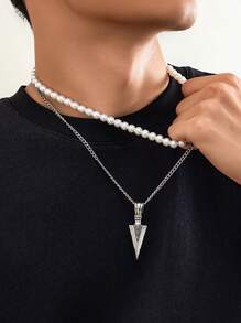 2 件套時尚創意幾何箭頭吊墜珍珠項鍊套裝男士日常休閒裝 - 彩色 - 查看 1