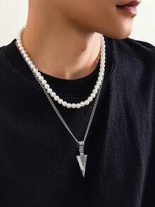 2 件套時尚創意幾何箭頭吊墜珍珠項鍊套裝男士日常休閒裝 - 彩色 - 查看 3