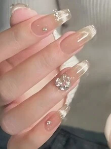 24 piezas/Set Uñas postizas con diseño largo forma ata de félix con detalles de ojo de gato y piedras de pedrería adecuadas para fiestas, bailes, uso diario y suministros de uñas de prensado - Multicolor - Ver 1