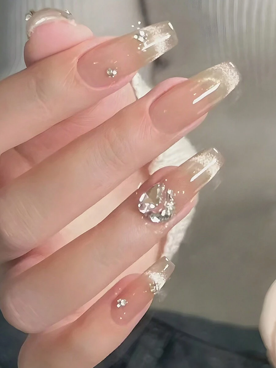 24 piezas/Set Uñas postizas con diseño largo forma ata de félix con detalles de ojo de gato y piedras de pedrería adecuadas para fiestas, bailes, uso diario y suministros de uñas de prensado - Multicolor - Ver 1