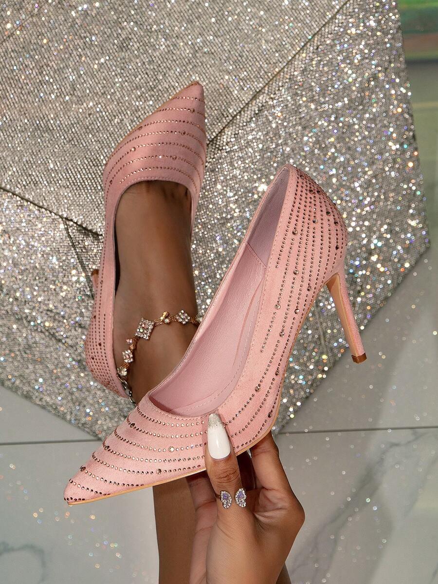 Của phụ nữ Thanh lịch Màu hồng Giày cao gót Giày nữ Baotou Đối với Tối Các bữa tiệc , Gợi cảm Dao găm nhỏ Pointed Toe Giày cưới nam Với Đồ trang trí Rhinestone - Hồng - Xem 1