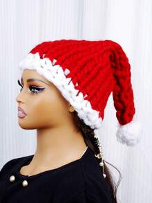 1個厚針織聖誕帽,女性尺寸,色塊設計,適用於聖誕照片和禮物 - 紅色 - 查看 2