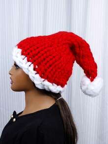 1個厚針織聖誕帽,女性尺寸,色塊設計,適用於聖誕照片和禮物 - 紅色 - 查看 4