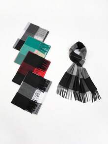 1pc Men's Plaid Faux Cashmere Warm Fringe Scarf, Suitable For Autumn And Winter Daily Wear - Multicolor - View 2
