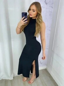 無袖高領女性連身洋裝,流行的春夏博客裝 - 黑色 - 查看 3