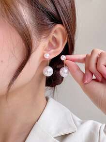 1 对人造珍珠装饰女士耳环，大号和小号人造珍珠吊坠耳环，长耳环，优雅流苏人造珍珠耳环，复古轻奢耳环，新娘耳环，适合婚礼、约会、派对、女士珠宝礼物优雅万圣节 - 金色 - 查看 3