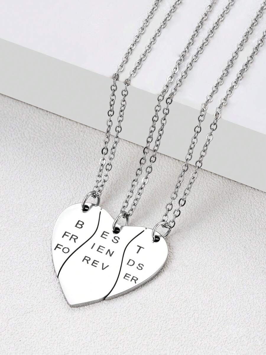 suteyi 3 件爱心不锈钢好朋友吊坠项链，适合青少年，可作为送给好朋友的礼物 - 銀色 - 查看 1