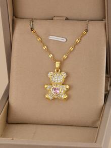 1枚時尚可愛銅熊吊墜項鍊,精美亮麗粉色愛心珠寶,生日禮物女士必備 - 金黃色 - 查看 1