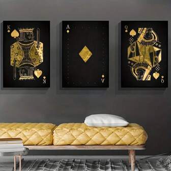 3pcs Canvas Poster, Modern Art, Black Gold Poker Canvas Painting Wall Art, Diamond Ace Of Spades Painting, Ideal Gift For Bedroom, Living Room, Kitchen, Hallway, Wall Art, Wall Decor, Autumn Decoration, Room Decoration, No Frame