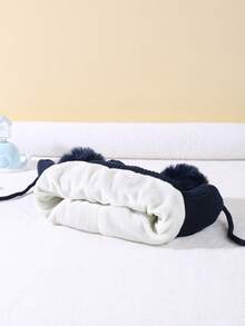 Knitted Hat With Double Pom-poms And Earflaps - Navy Blue - View 3