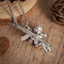 SeuSuk Men's Unique Stylish Fashionable Cool Hiphop Punk Rock Angel Machine Gun Pendant Necklace Gift - Gold - View 5